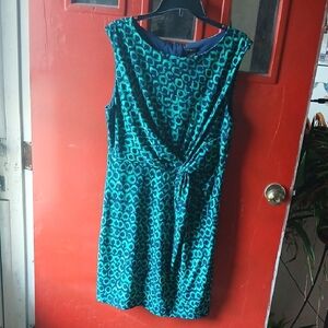 Ann Taylor Sleeveless Teal Patterned Knot-Front Dress Size 14